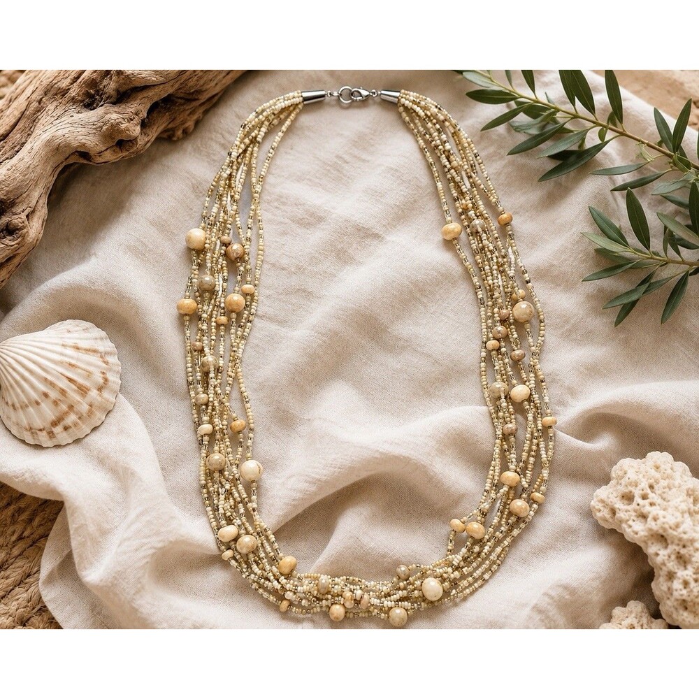 Vintage Multi Strand Glass Seed Bead Mother Of Pearl Shell Statement Necklace